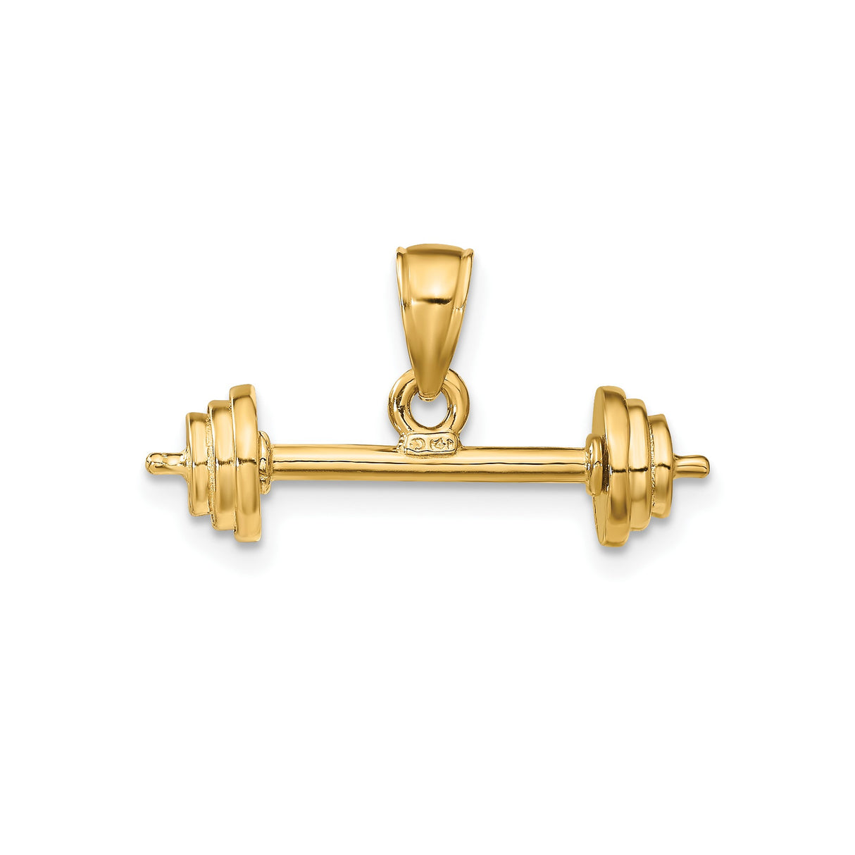 14k Yellow Gold Barbell Pendant, Fitness Weightlifting Charm, Gym Motivation Jewelry for Men or Unisex