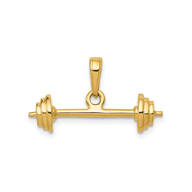 14k Yellow Gold Barbell Pendant, Fitness Weightlifting Charm, Gym Motivation Jewelry for Men or Unisex