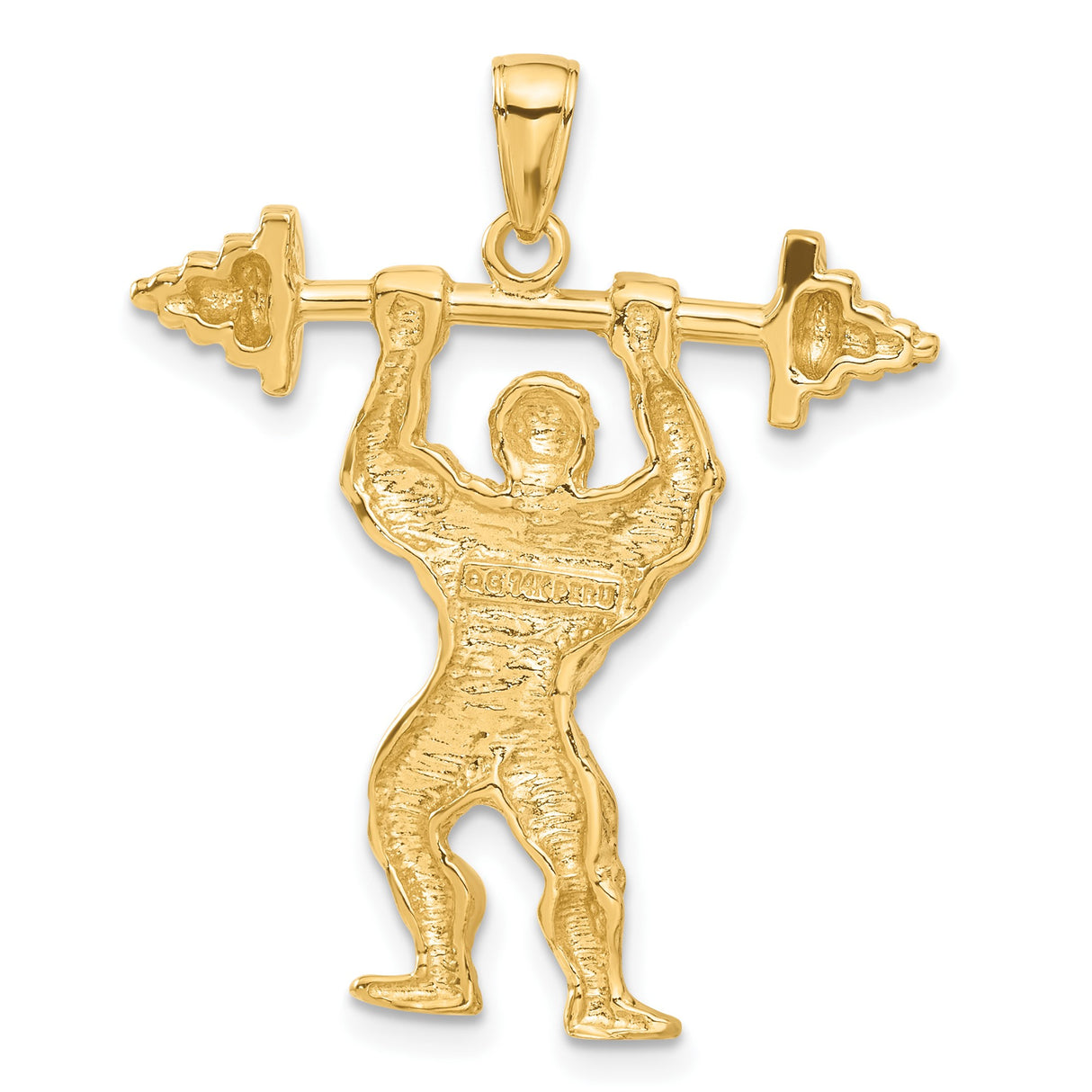 14k Yellow Gold Weightlifter Pendant Featuring Muscular Man with Barbell