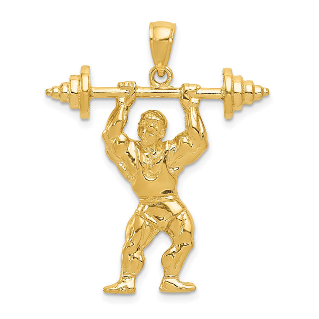 14k Yellow Gold Weightlifter Pendant Featuring Muscular Man with Barbell