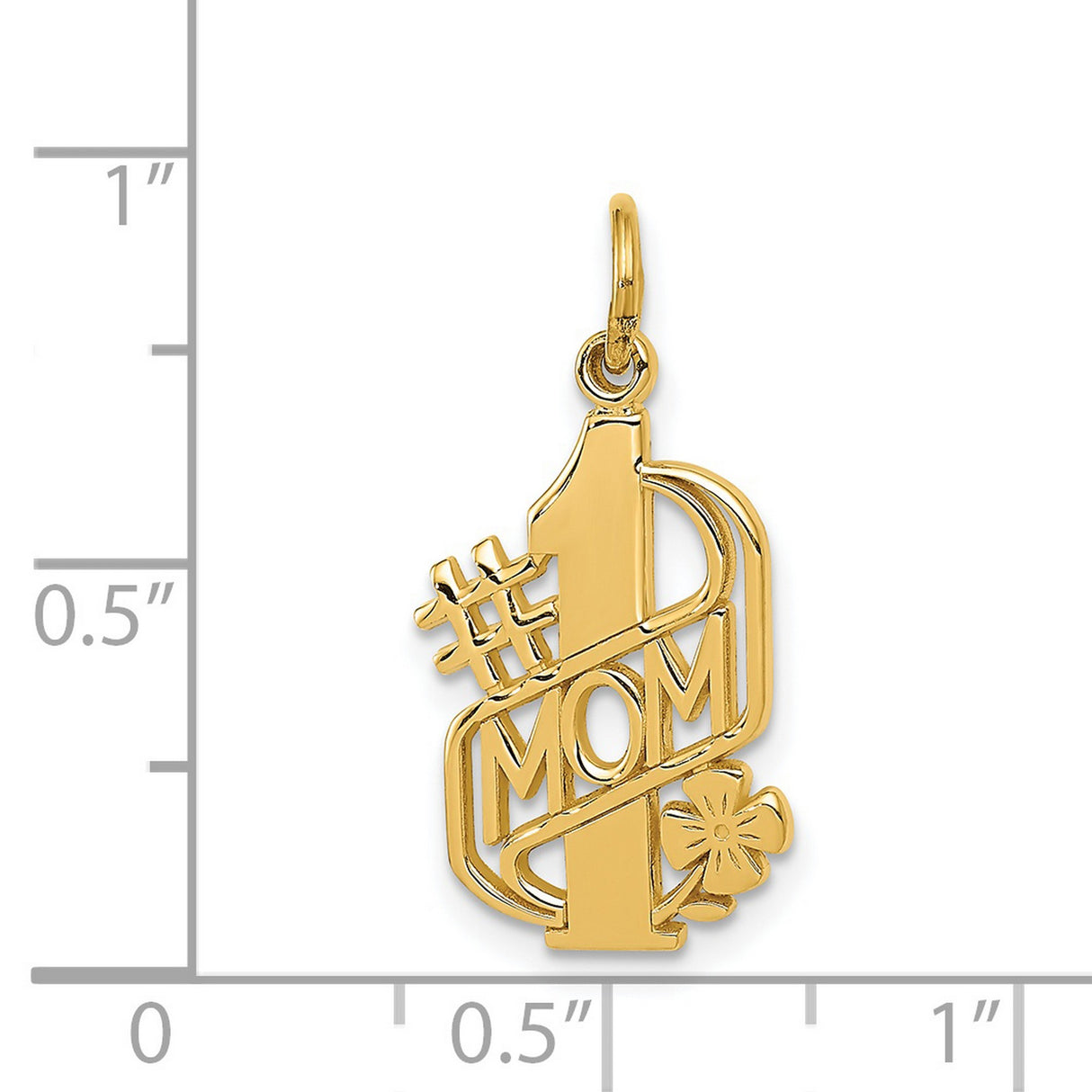 #1 Mom Word And Flower Charm Pendant in Real 14k Yellow Gold