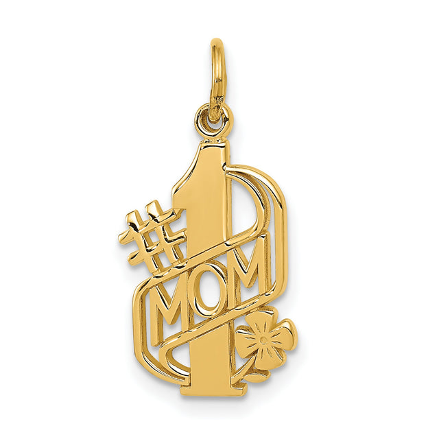 #1 Mom Word And Flower Charm Pendant in Real 14k Yellow Gold