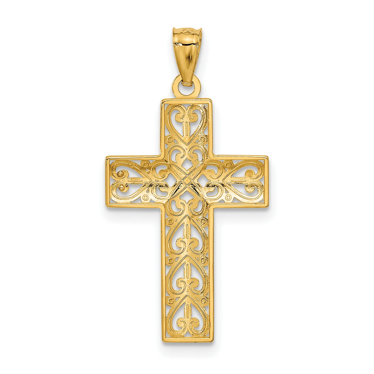 Diamond-Cut Filigree Style Latin Cross Charm Pendant in Real 14k Yellow Gold