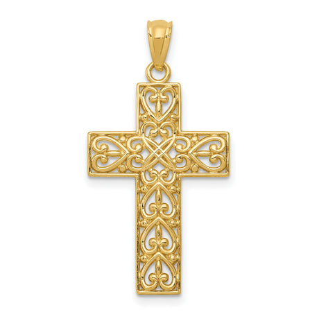 Diamond-Cut Filigree Style Latin Cross Charm Pendant in Real 14k Yellow Gold