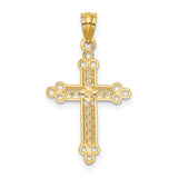 Budded Cross With Rhodium Center Heart Charm Pendant in Real 14k Multi-Tone Gold
