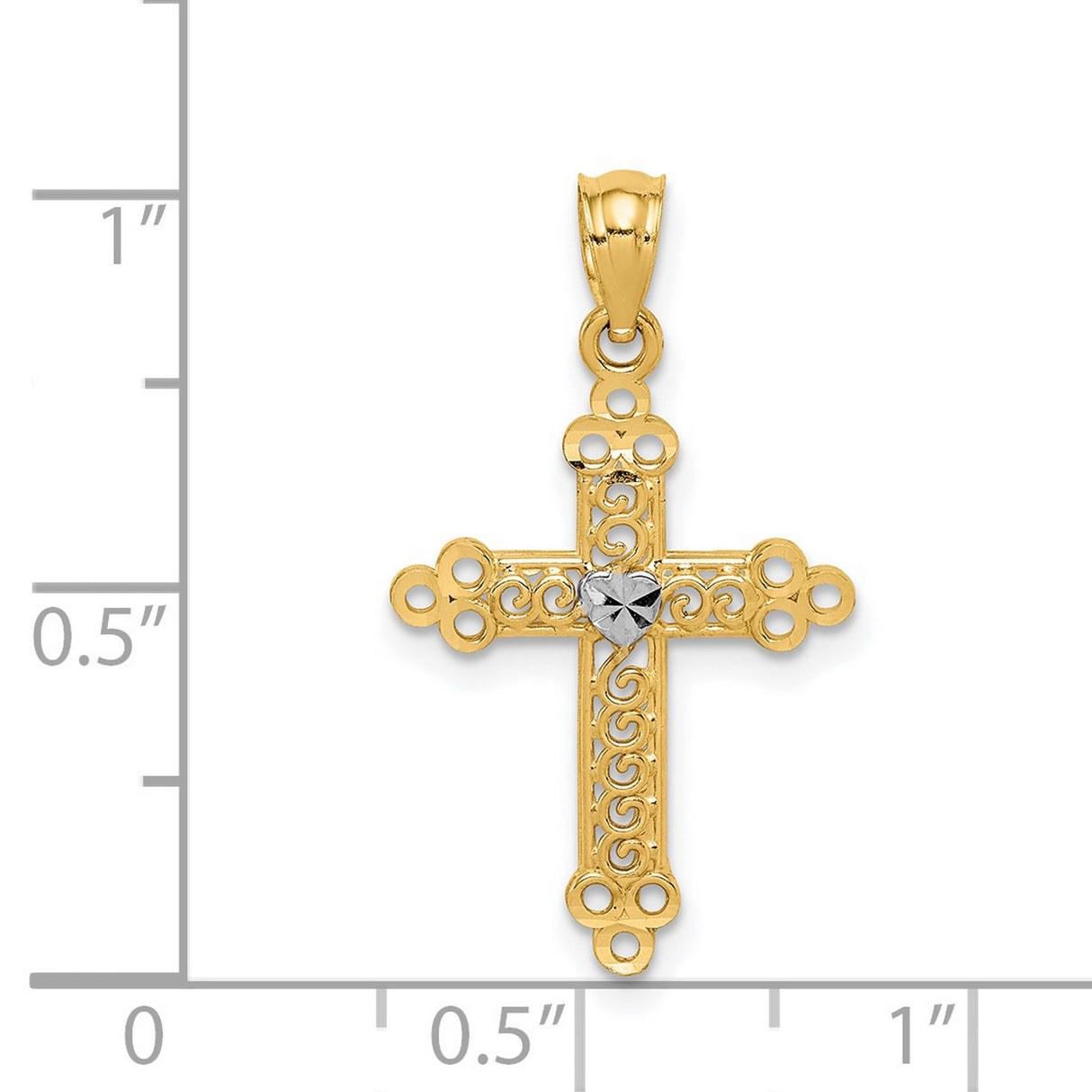 Budded Cross With Rhodium Center Heart Charm Pendant in Real 14k Multi-Tone Gold