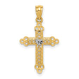 Budded Cross With Rhodium Center Heart Charm Pendant in Real 14k Multi-Tone Gold