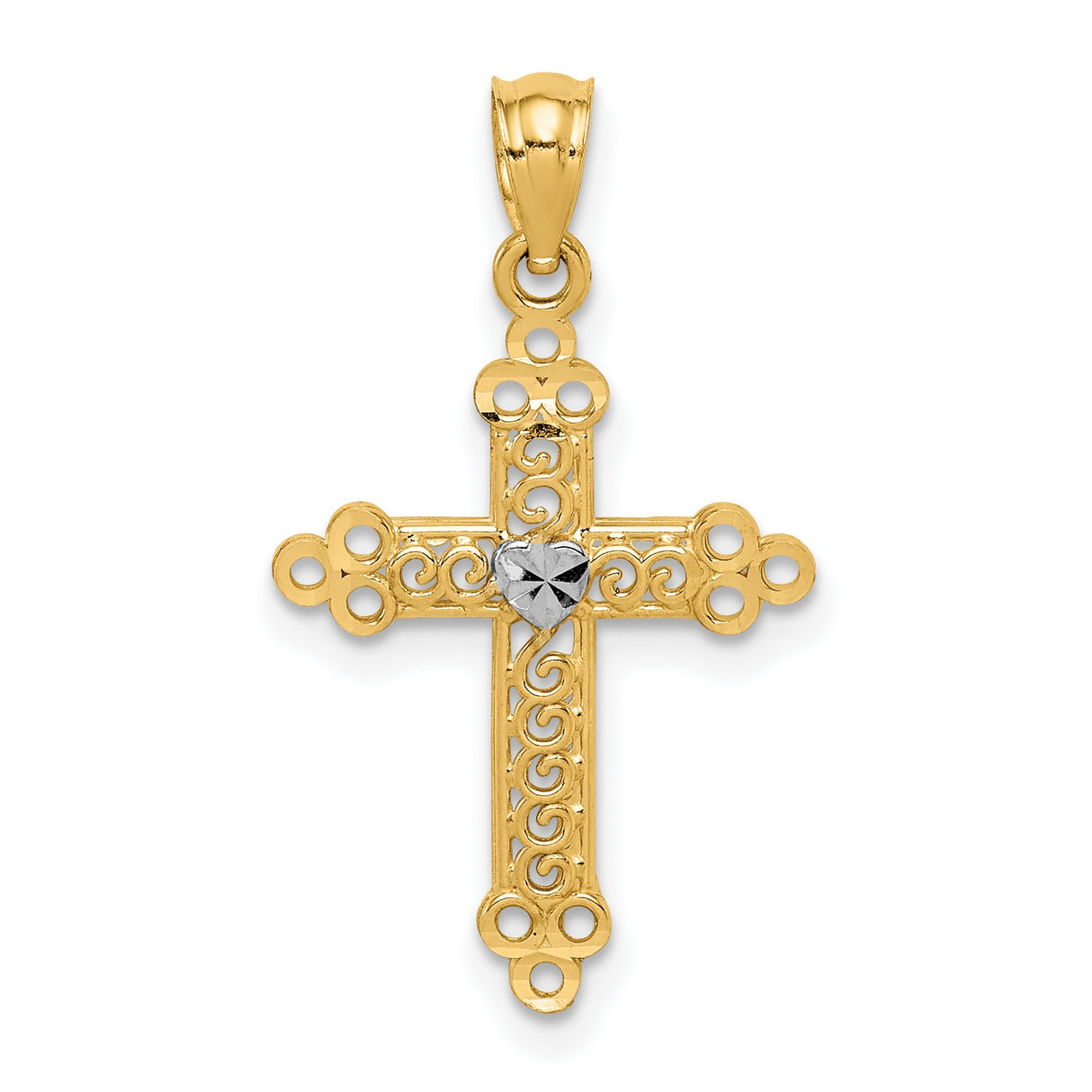 Budded Cross With Rhodium Center Heart Charm Pendant in Real 14k Multi-Tone Gold