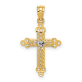 Budded Cross With Rhodium Center Heart Charm Pendant in Real 14k Multi-Tone Gold