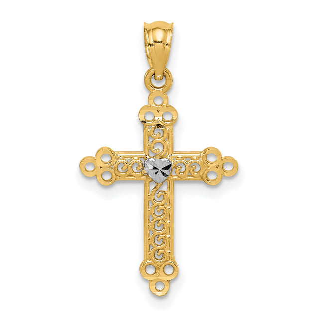 Budded Cross With Rhodium Center Heart Charm Pendant in Real 14k Multi-Tone Gold