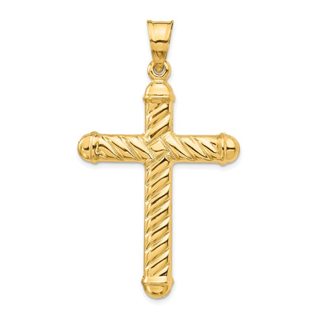 14k Yellow Gold Latin Cross Pendant with Textured Rope Design and Polished Finish