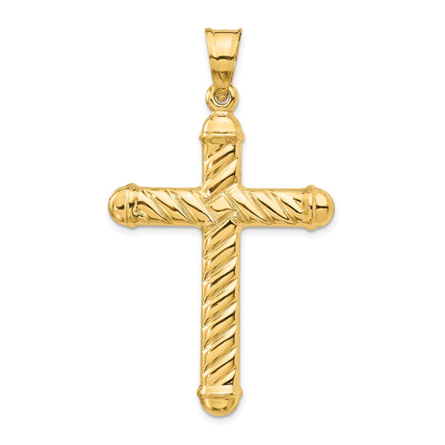 14k Yellow Gold Latin Cross Pendant with Textured Rope Design and Polished Finish