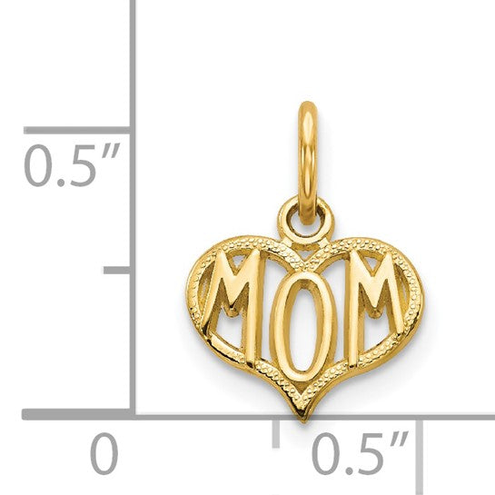 14k Yellow Gold Mom Charm Pendant, Heart Shaped with Bold Lettering, Sentimental Keepsake Jewelry