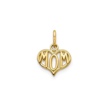 14k Yellow Gold Mom Charm Pendant, Heart Shaped with Bold Lettering, Sentimental Keepsake Jewelry