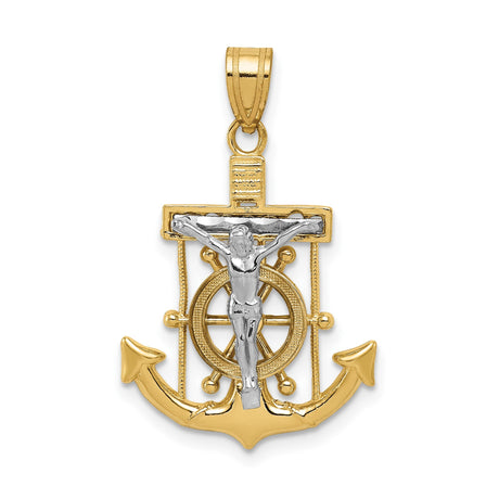 14k Two-Tone Gold Anchor Wheel Cross Pendant with Nautical Crucifix Design