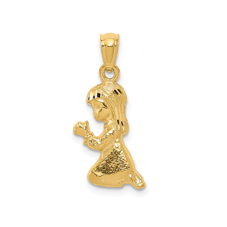 14k Yellow Gold Pendant Featuring Kneeling Girl in Prayer, Christian Faith Jewelry Charm