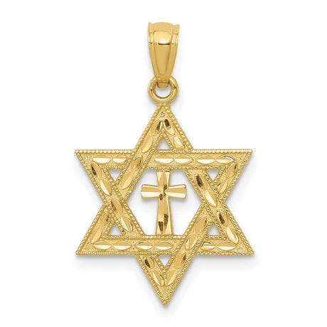 14k Yellow Gold Cross Pendant with Star of David Symbol, Unisex Religious Jewelry