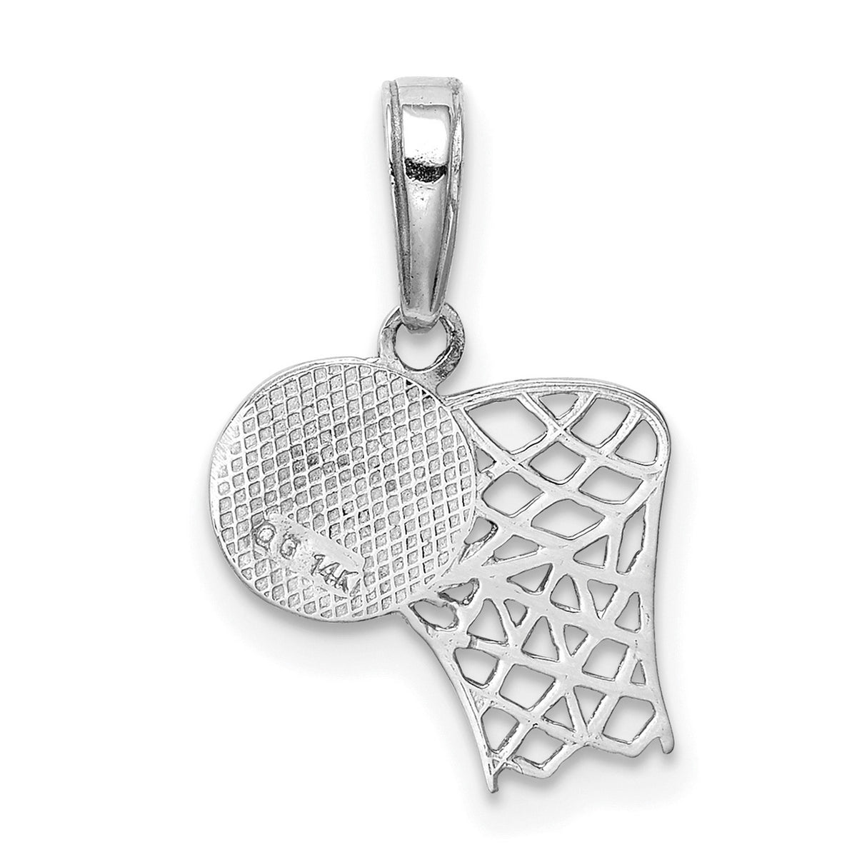 14k White Gold Basketball Pendant with Hoop and Ball Design, Athletic Charm for Sports Fans