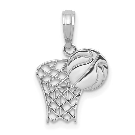 14k White Gold Basketball Pendant with Hoop and Ball Design, Athletic Charm for Sports Fans