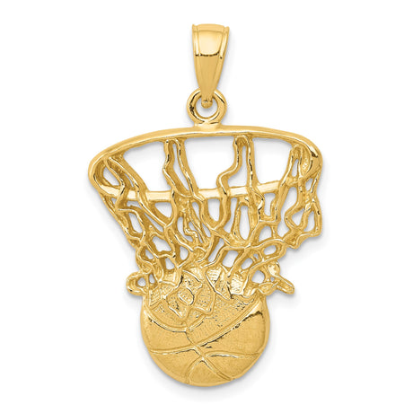 14k Yellow Gold Basketball Hoop Pendant with Net Design, Unisex Sports Charm
