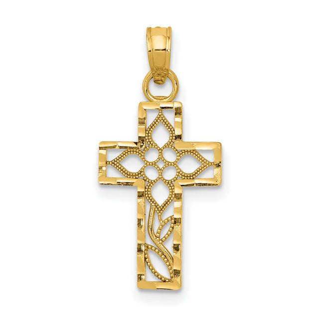 Diamond-Cut Filigree Style Latin Cross Charm Pendant in Real 14k Yellow Gold