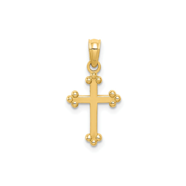 14k Yellow Gold Cross Pendant, Budded Design, Polished Finish Religious Charm for Men and Women