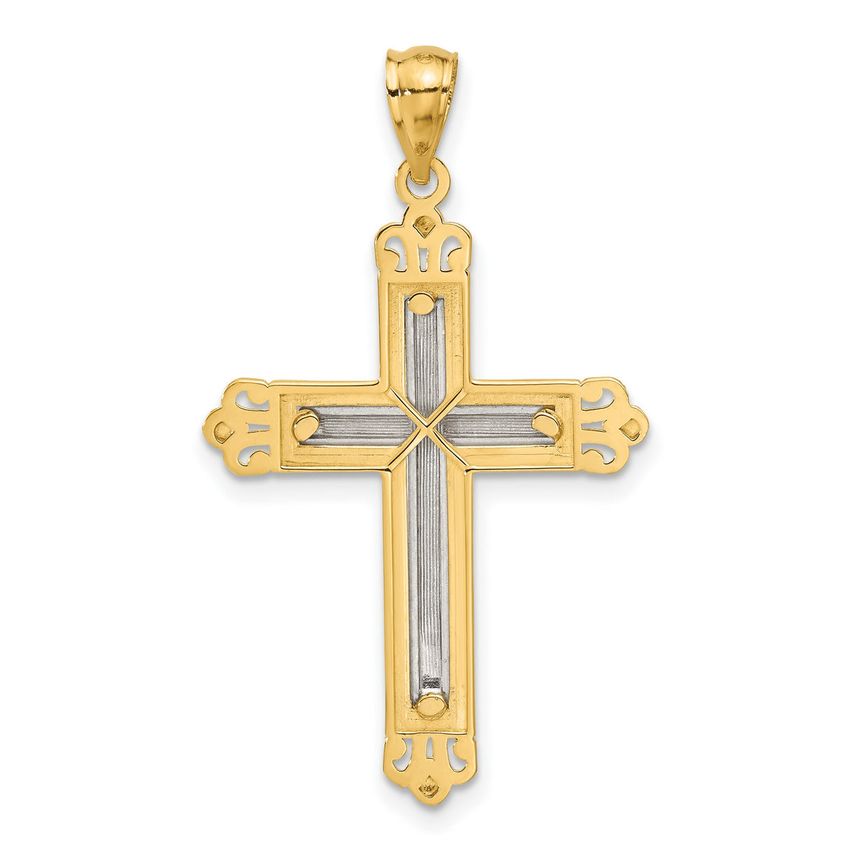 Fleur De Lis Cross With Inset Rhodium Latin Cross Charm Pendant in Real 14k Multi-Tone Gold