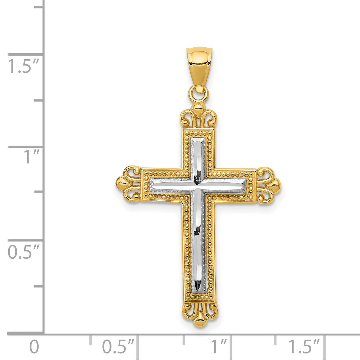 Fleur De Lis Cross With Inset Rhodium Latin Cross Charm Pendant in Real 14k Multi-Tone Gold