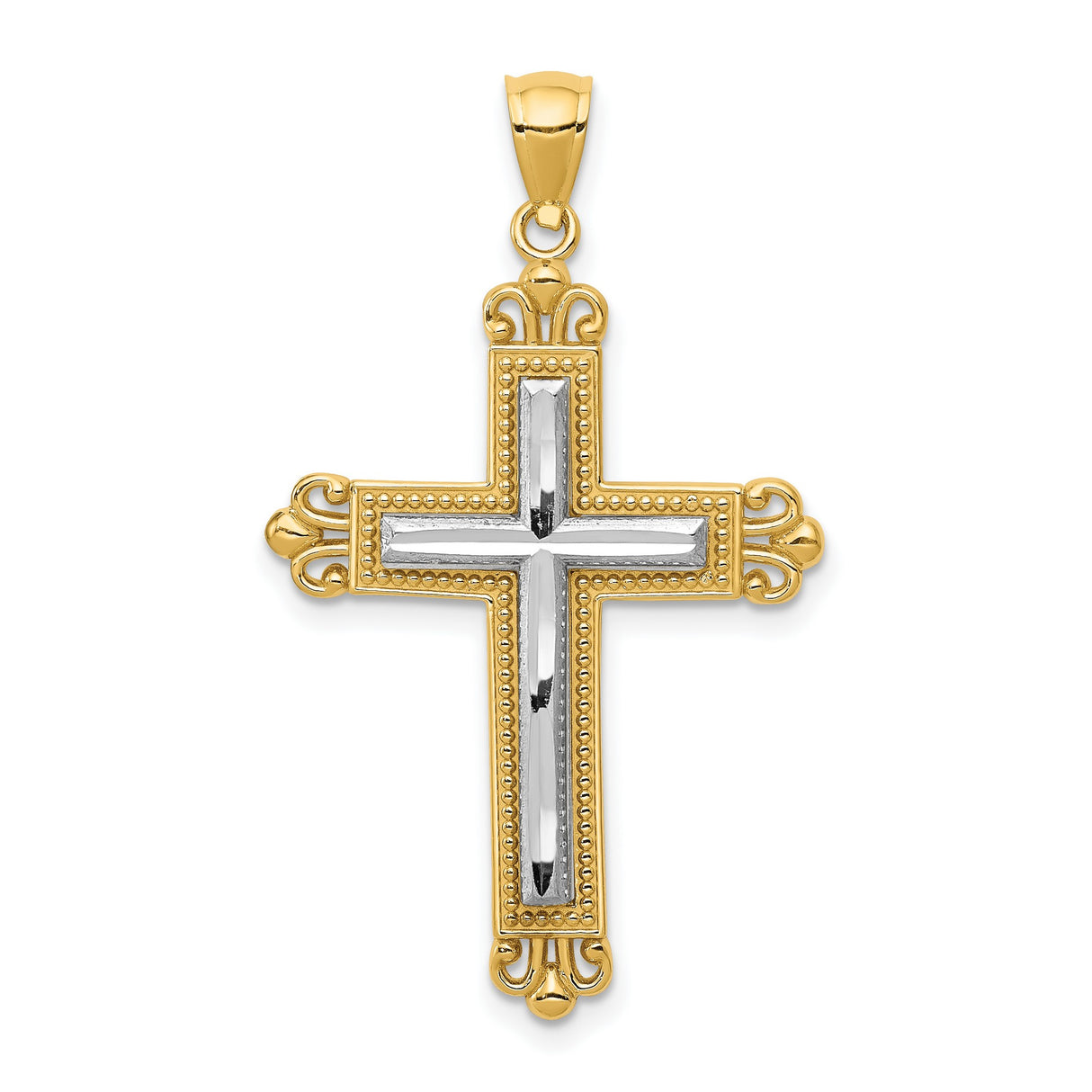 Fleur De Lis Cross With Inset Rhodium Latin Cross Charm Pendant in Real 14k Multi-Tone Gold