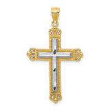 Fleur De Lis Cross With Inset Rhodium Latin Cross Charm Pendant in Real 14k Multi-Tone Gold