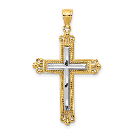 Fleur De Lis Cross With Inset Rhodium Latin Cross Charm Pendant in Real 14k Multi-Tone Gold