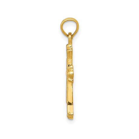 14k Yellow Gold Cross Pendant with Fleur De Lis Design, Textured Religious Charm for Men and Women