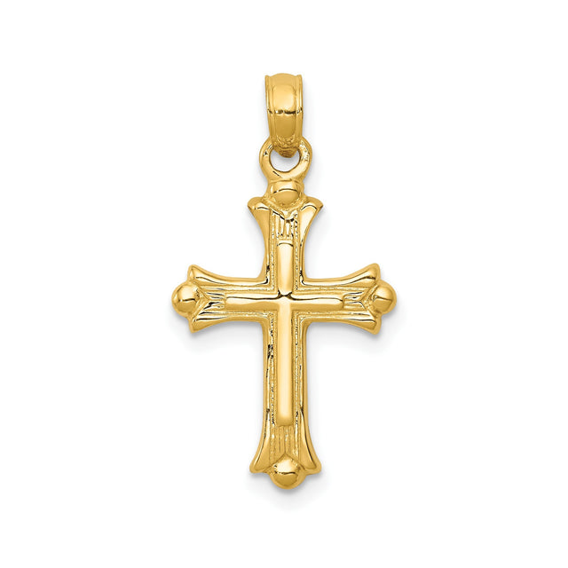 14k Yellow Gold Cross Pendant with Fleur De Lis Design, Textured Religious Charm for Men and Women
