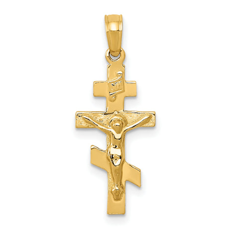 14k Yellow Gold Crucifix Pendant with Detailed Jesus, Eastern Orthodox Cross Charm for Men and Women