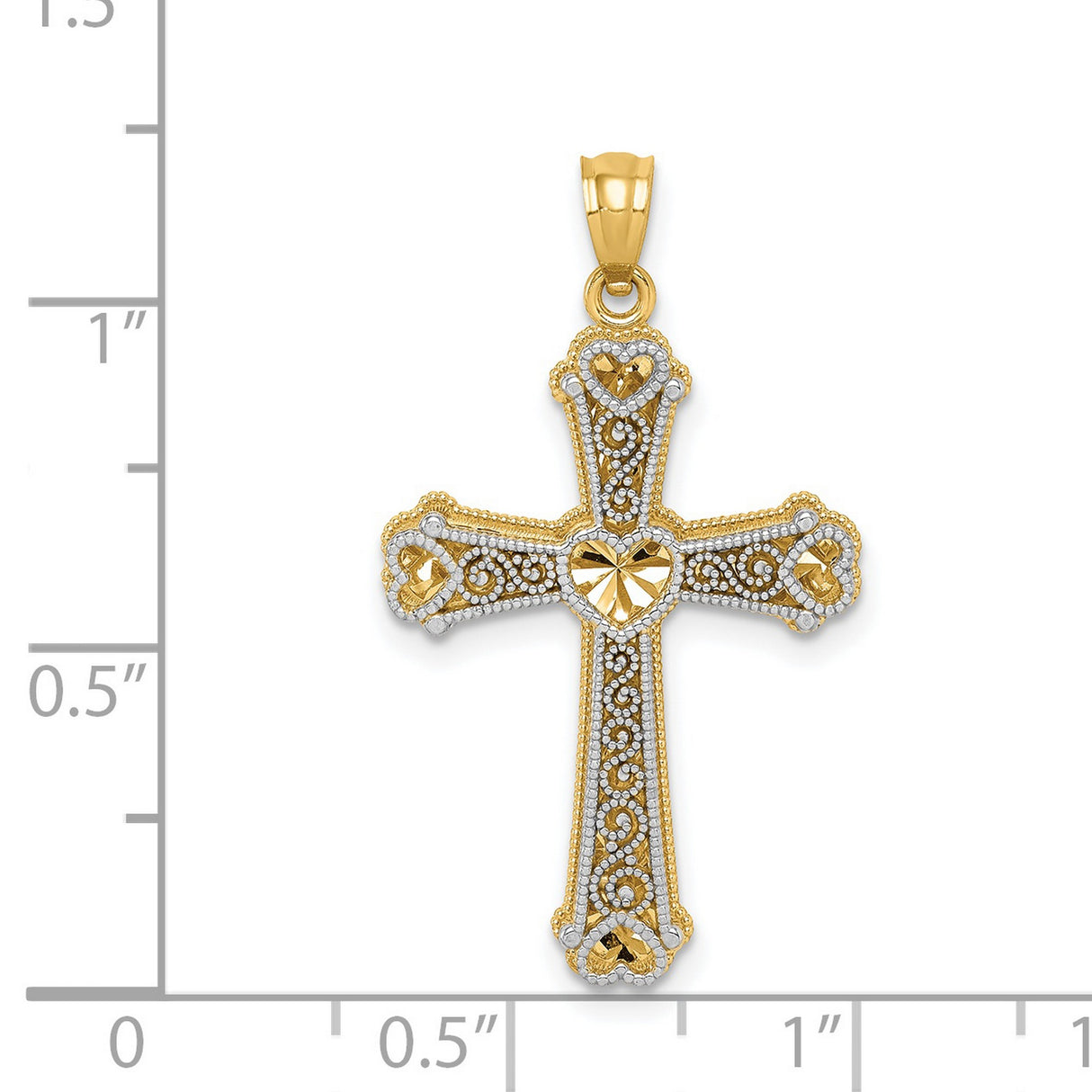 Fleur De Lis Cross With Heart Accents Charm Pendant in Real 14k Multi-Tone Gold