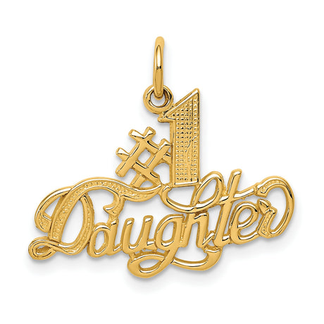 #1 Daughter Words In Cursive Charm Pendant in Real 14k Yellow Gold