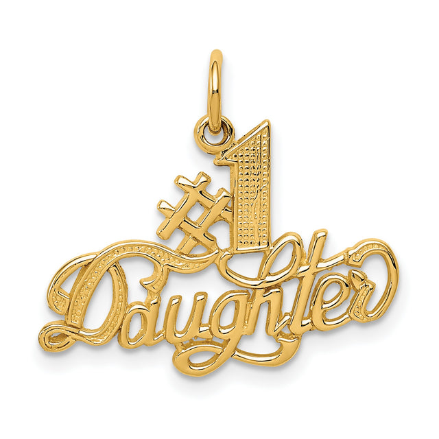 #1 Daughter Words In Cursive Charm Pendant in Real 14k Yellow Gold