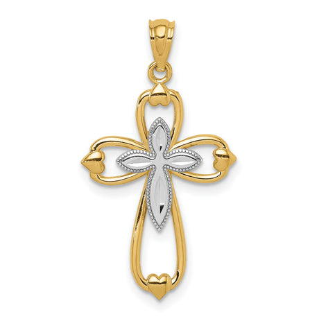 Budded Heart Cross Charm Pendant in Real 14k Multi-Tone Gold