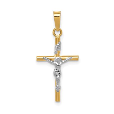 14k Two-Tone Gold Crucifix Pendant with INRI Charm and Jesus Figure, Latin Cross Christian Jewelry