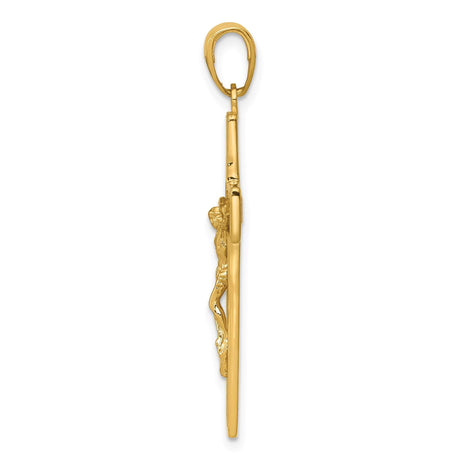 14k Yellow Gold Crucifix Cross Pendant, Textured Latin Christian Religious Charm for Men and Women
