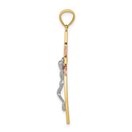 14k Multi-Tone Gold Crucifix Pendant with Jesus Figure and Rose Detailing