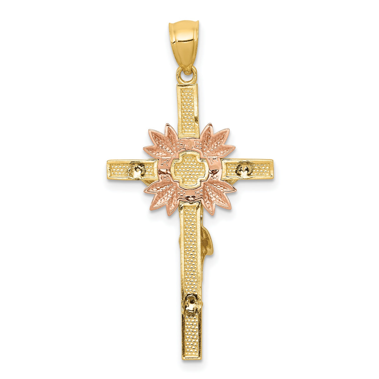 Latin Crucifix With Rose Flower Design Charm Pendant in Real 14k Multi-Tone Gold