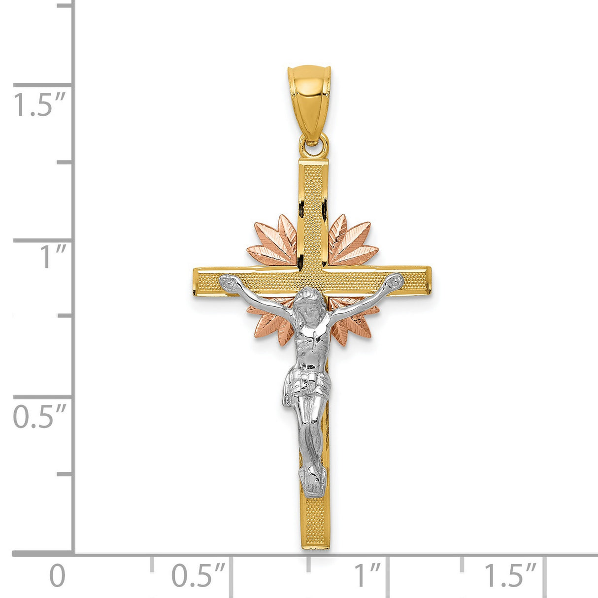 Latin Crucifix With Rose Flower Design Charm Pendant in Real 14k Multi-Tone Gold