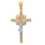 Latin Crucifix With Rose Flower Design Charm Pendant in Real 14k Multi-Tone Gold