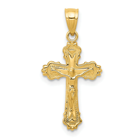 14k Yellow Gold Crucifix Cross Pendant with Fleur de Lis Design for Men and Women