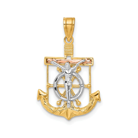 14k Tri Color Gold Crucifix Anchor Pendant with Ship Wheel Detail for Men and Women