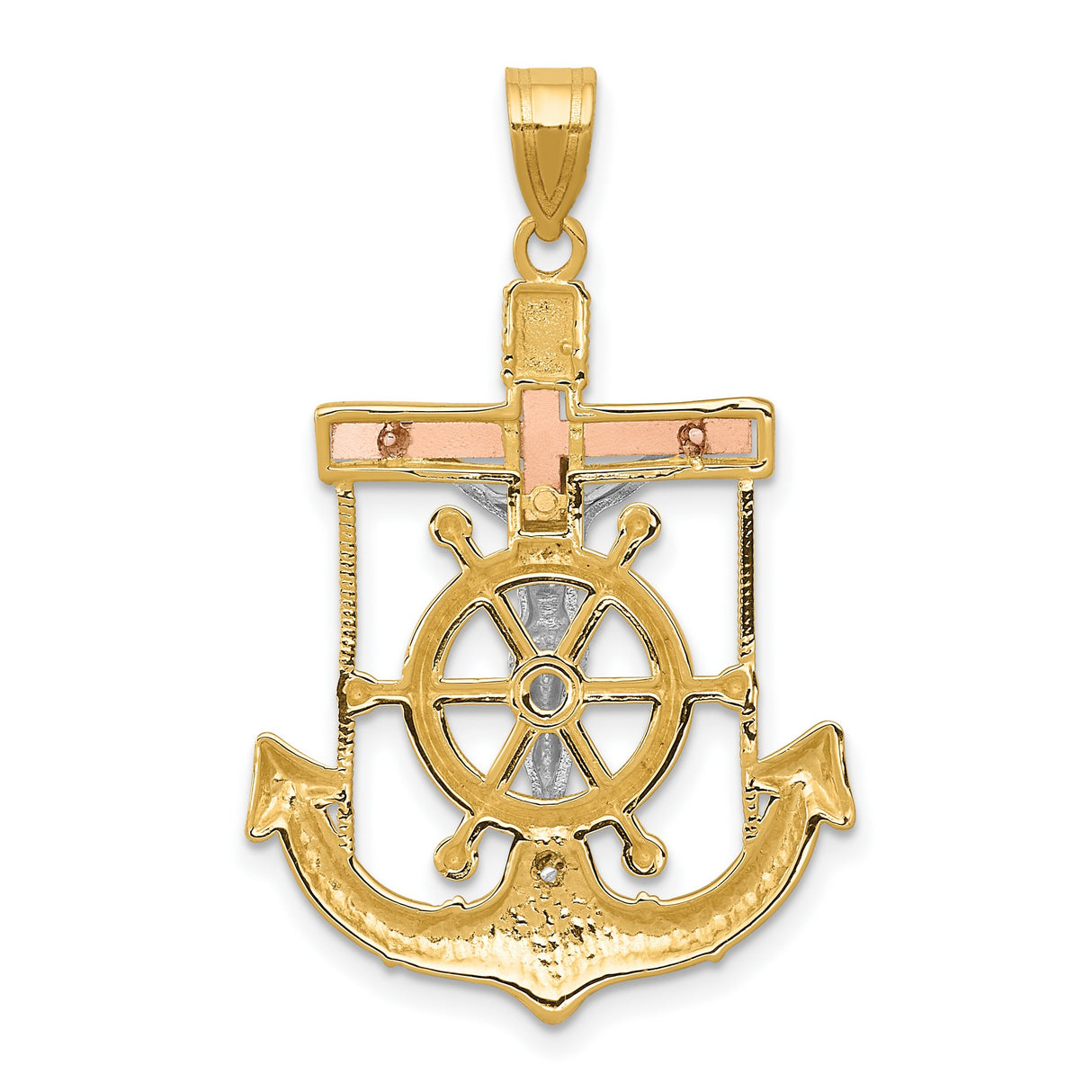 Textured Mariners Crucifix Charm Pendant in Real 14k Multi-Tone Gold