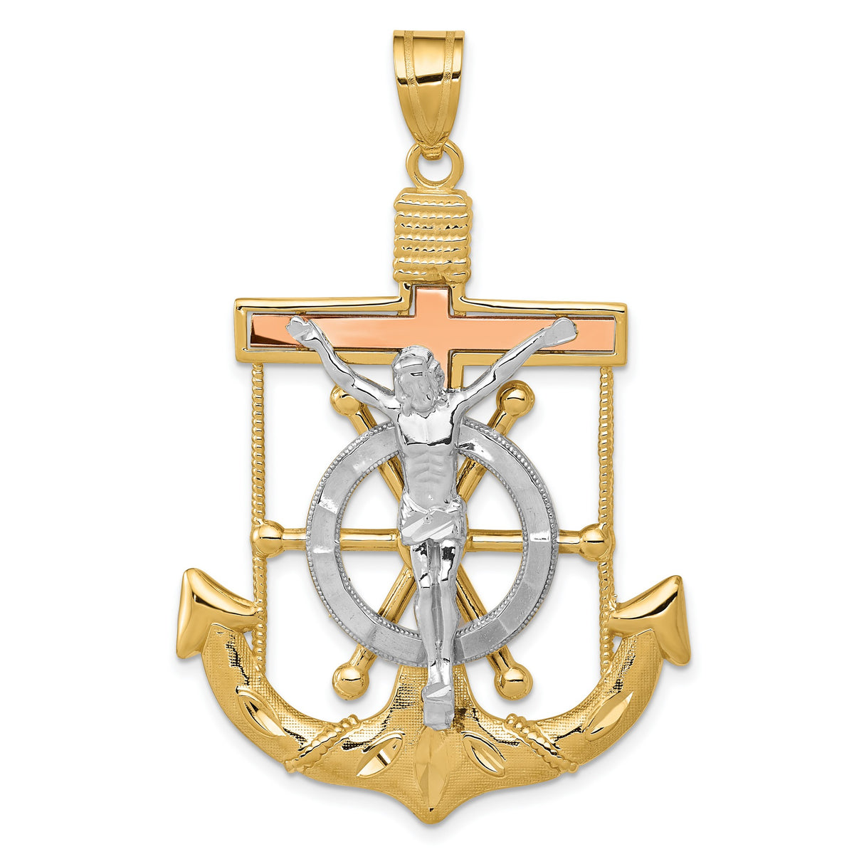 Textured Mariners Crucifix Charm Pendant in Real 14k Multi-Tone Gold