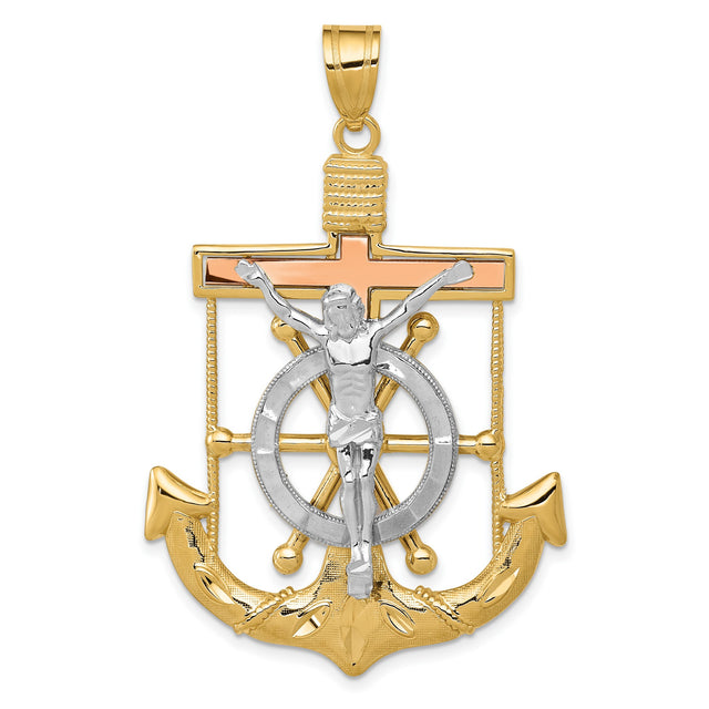 Textured Mariners Crucifix Charm Pendant in Real 14k Multi-Tone Gold