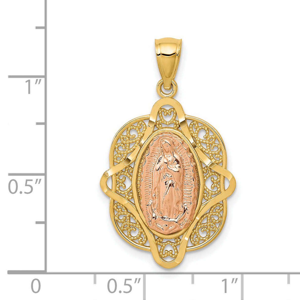 Our Lady of Guadalupe with Beaded Filigree Border Charm Pendant in Real 14k Multi-Tone Gold